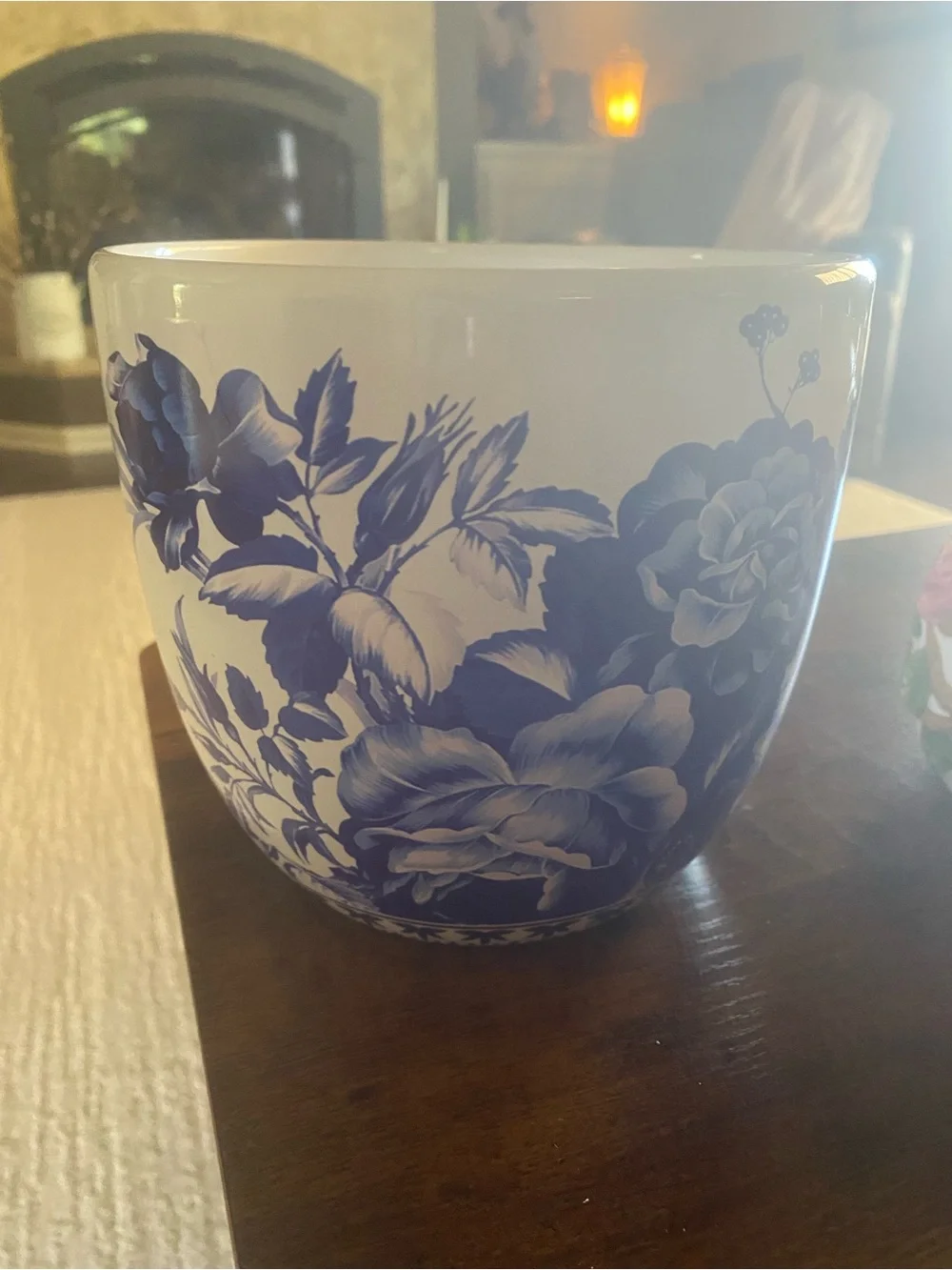 Source Unknown White Ceramic Planter with Blue Floral Design
